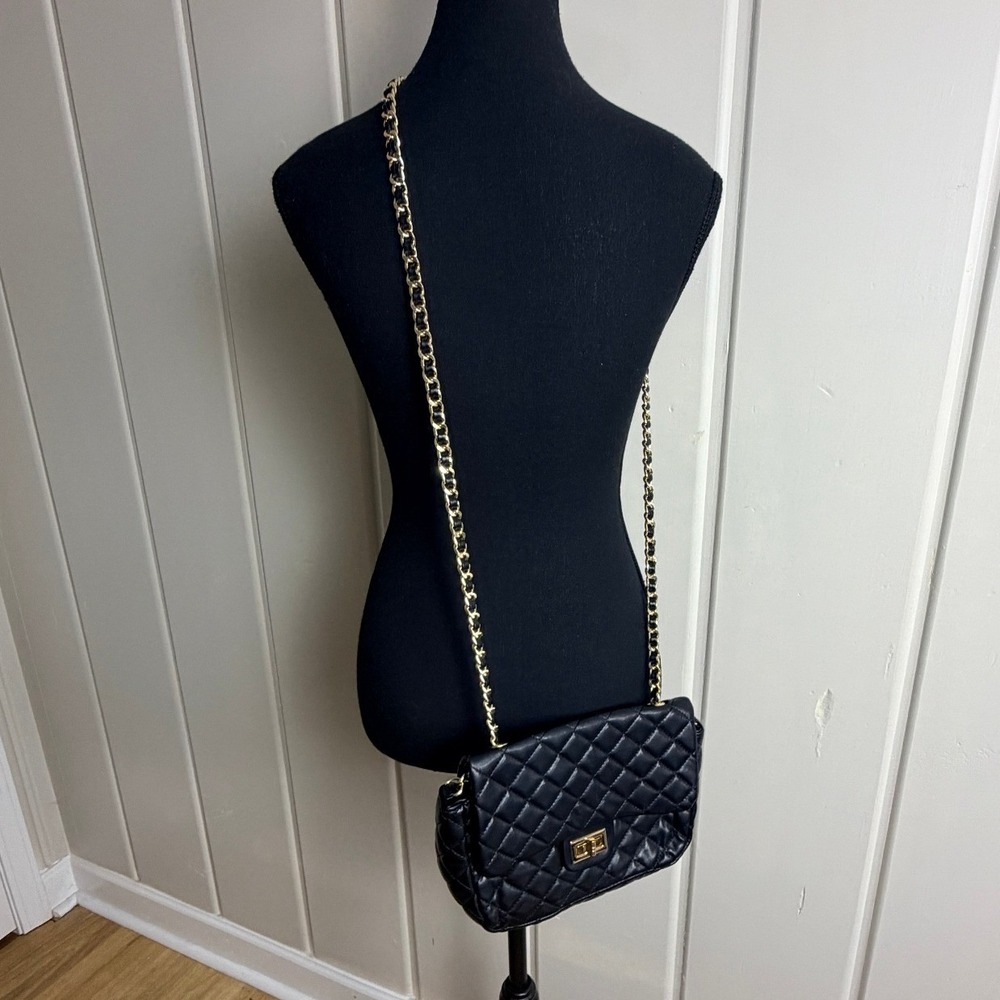 Black Quilted Crossbody Bag Gold Chain Strap Faux Leather